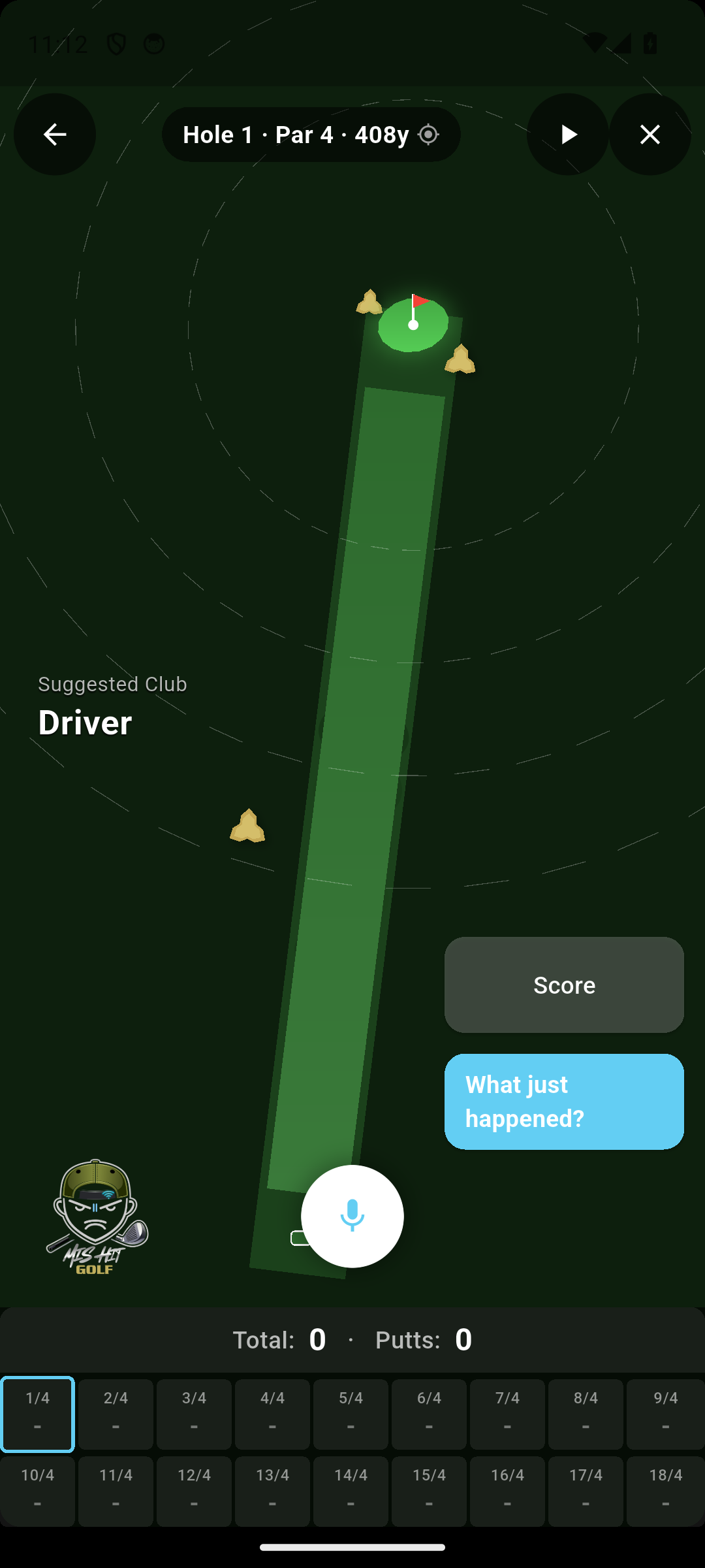 MisHit hole overview screen — Hole 1, par 4, 408 yards, with the hole laid out from tee to green plus bunker positions, suggested club Driver, and the caddy mascot visible
