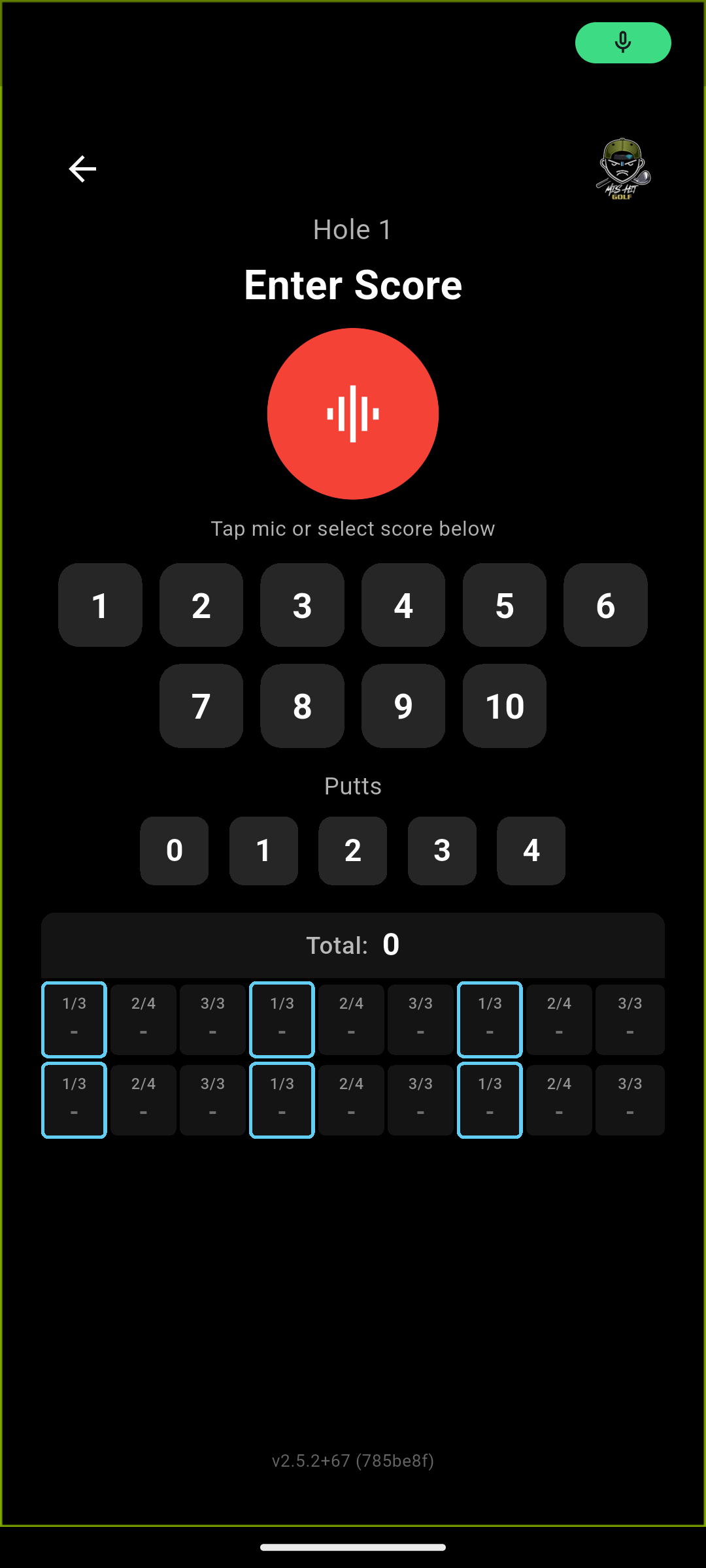 MisHit Enter Score screen with a large red microphone listening for a voice command and score buttons 1 through 10 visible below