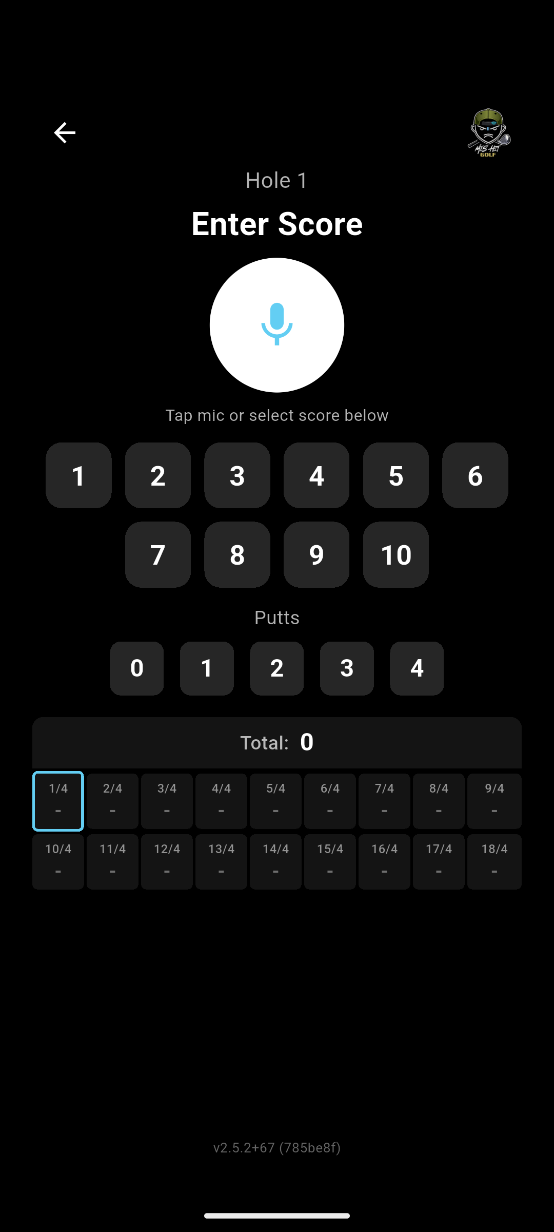MisHit Enter Score screen with a large red microphone listening for a voice command and score buttons 1 through 10 visible below