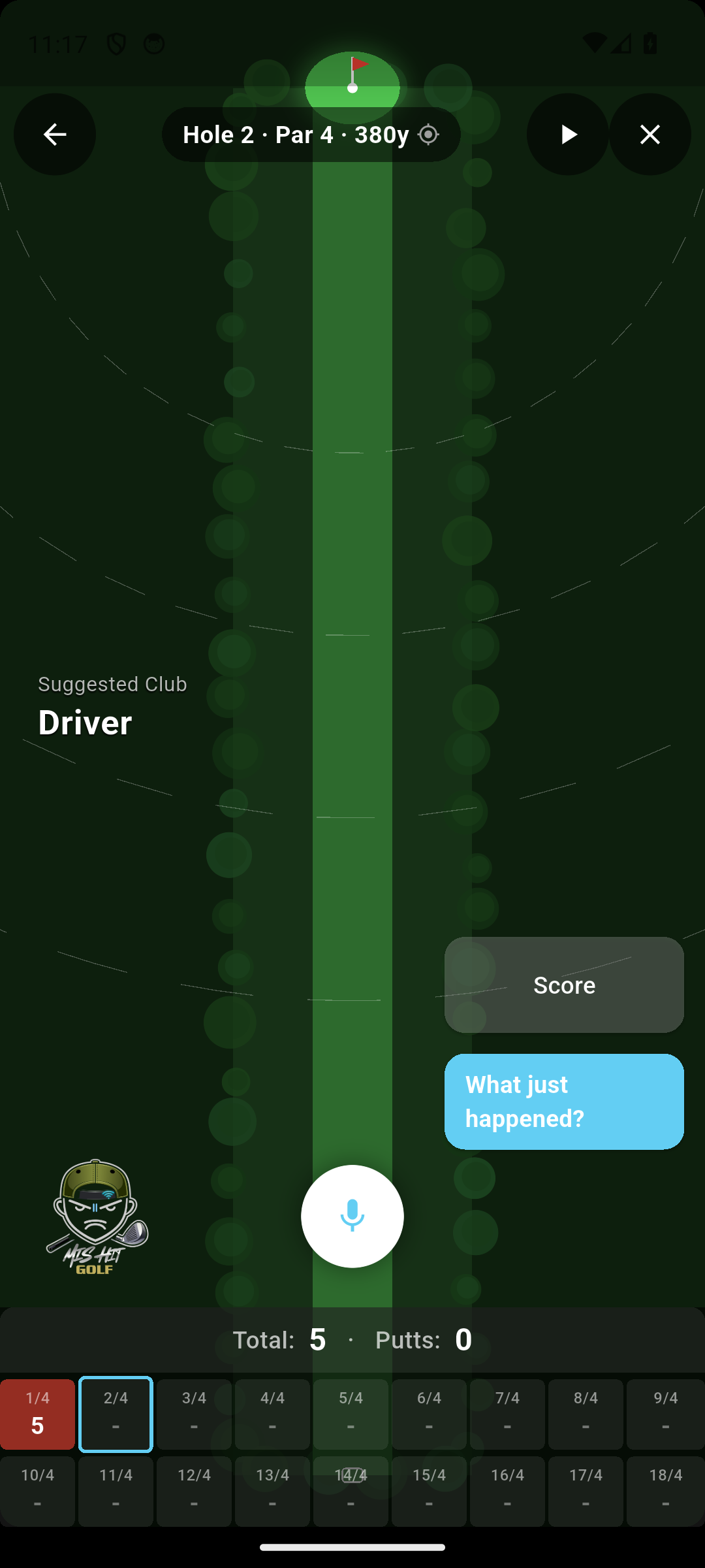 MisHit Enter Score screen after recording a 5 on Hole 1 — the caddy labels it Bogey and offers a Next Hole button