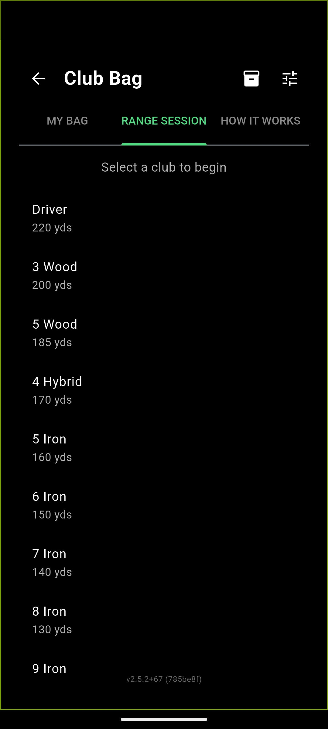 MisHit Range Session tab listing calibrated carry distances per club — Driver 220 yds, 3 Wood 200 yds, 5 Wood 185 yds, through 8 Iron 130 yds